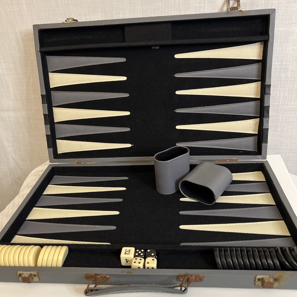 Vintage Backgammon Complete Set Gray Cream Points Black Felt Gray Faux Leather